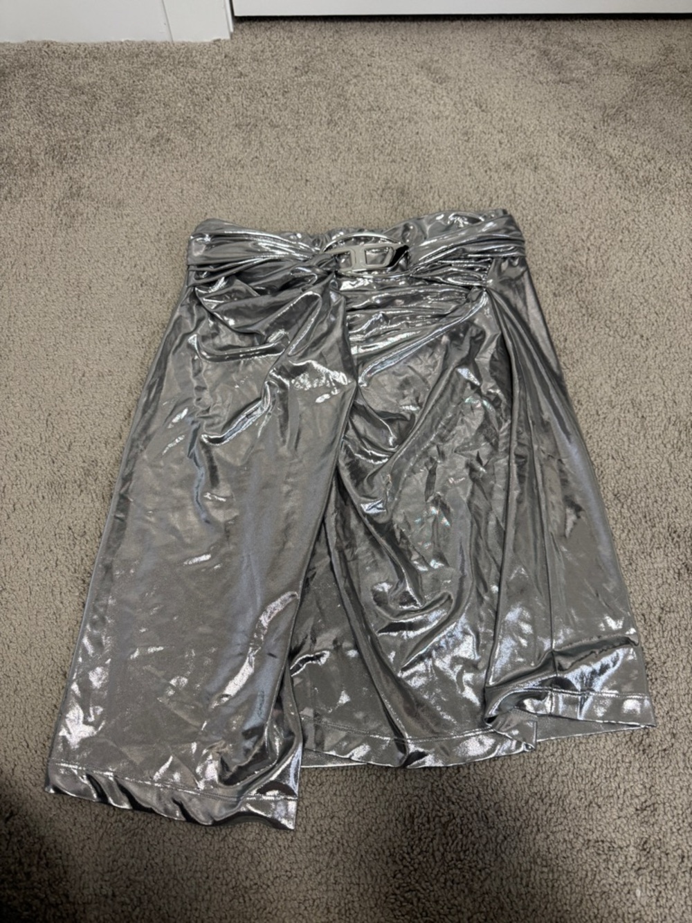 DIESEL Shiny Metallic Silver Wrap Skirt with Buckle Detail